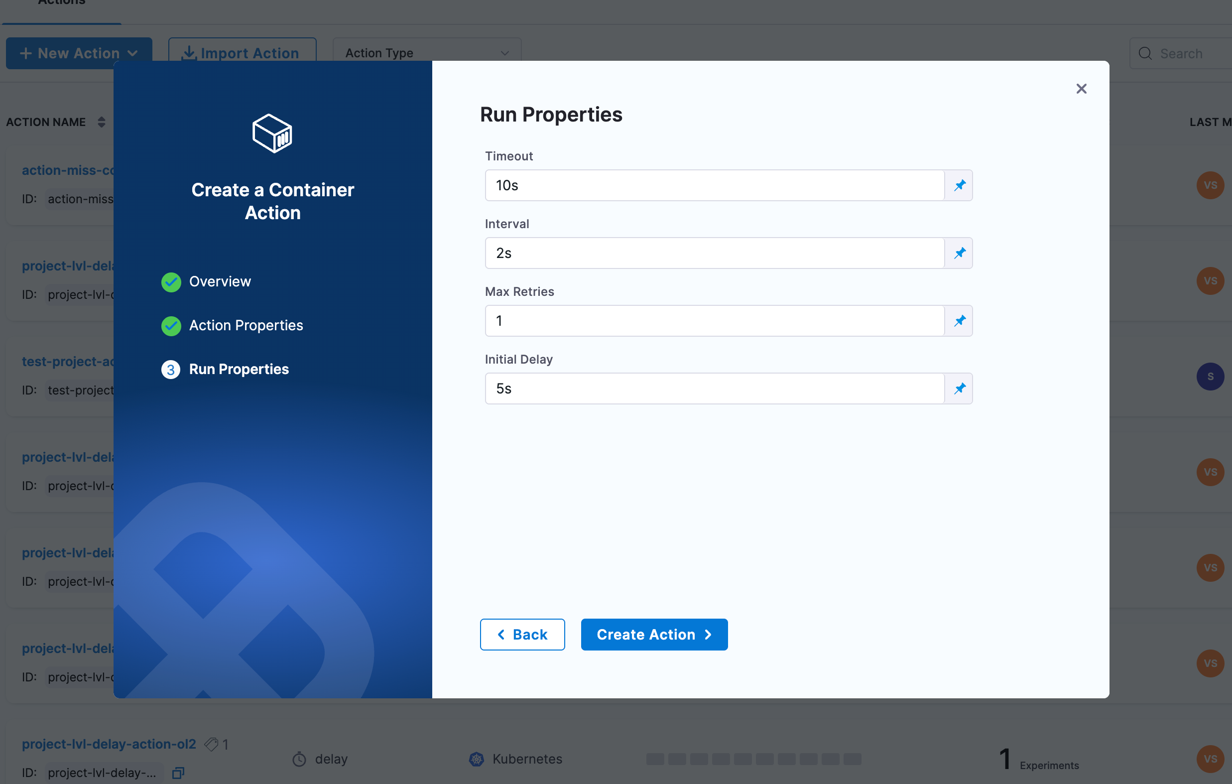 container action run properties